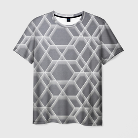 Мужская футболка 3D с принтом Белые неоновые соты в Петрозаводске, 100% полиэфир | прямой крой, круглый вырез горловины, длина до линии бедер | арт | вектор | векторный рисунок | геометрические фигуры | геометрия | неон | неоновые соты | рисунок