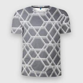Мужская футболка 3D Slim с принтом Белые неоновые соты , 100% полиэстер с улучшенными характеристиками | приталенный силуэт, круглая горловина, широкие плечи, сужается к линии бедра | арт | вектор | векторный рисунок | геометрические фигуры | геометрия | неон | неоновые соты | рисунок