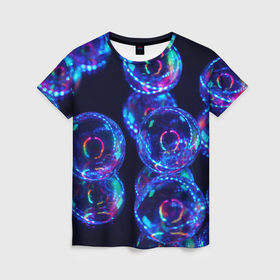 Женская футболка 3D с принтом Неоновые сюрреалистичные пузыри   Синий в Курске, 100% полиэфир ( синтетическое хлопкоподобное полотно) | прямой крой, круглый вырез горловины, длина до линии бедер | abstraction | art | artwork | bubbles | colorful | colors | dark | darkness | graphics | neon | surrealism | абстракция | арт | графика | искусство | неон | пузыри | разноцветный | сюрреализм | темнота | тьма | цвета