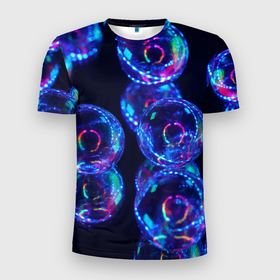 Мужская футболка 3D Slim с принтом Неоновые сюрреалистичные пузыри   Синий , 100% полиэстер с улучшенными характеристиками | приталенный силуэт, круглая горловина, широкие плечи, сужается к линии бедра | abstraction | art | artwork | bubbles | colorful | colors | dark | darkness | graphics | neon | surrealism | абстракция | арт | графика | искусство | неон | пузыри | разноцветный | сюрреализм | темнота | тьма | цвета