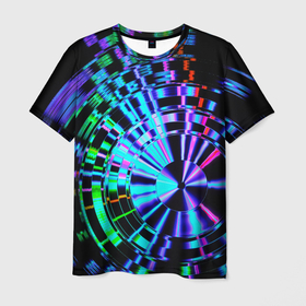 Мужская футболка 3D с принтом Неоновые дискообразные узоры   Синий , 100% полиэфир | прямой крой, круглый вырез горловины, длина до линии бедер | abstraction | art | artwork | circle | colorful | colors | disk | graphics | lines | neon | patterns | surrealism | абстракция | арт | графика | диск | искусство | круг | линии | неон | разноцветный | сюрреализм | узоры | цвета