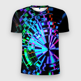 Мужская футболка 3D Slim с принтом Неоновые дискообразные узоры   Синий , 100% полиэстер с улучшенными характеристиками | приталенный силуэт, круглая горловина, широкие плечи, сужается к линии бедра | abstraction | art | artwork | circle | colorful | colors | disk | graphics | lines | neon | patterns | surrealism | абстракция | арт | графика | диск | искусство | круг | линии | неон | разноцветный | сюрреализм | узоры | цвета