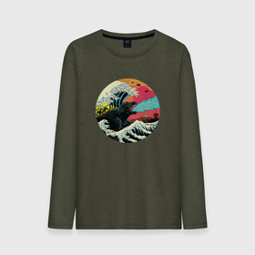 Мужской лонгслив хлопок с принтом Hokusai Kaiju в Белгороде, 100% хлопок |  | 80е | godzilla | gojira | hokusai kaiju | годзилла | динозавр | япония
