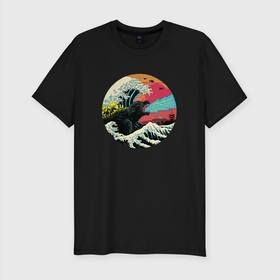 Мужская футболка хлопок Slim с принтом Hokusai Kaiju в Тюмени, 92% хлопок, 8% лайкра | приталенный силуэт, круглый вырез ворота, длина до линии бедра, короткий рукав | Тематика изображения на принте: 80е | godzilla | gojira | hokusai kaiju | годзилла | динозавр | япония