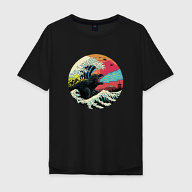 Мужская футболка хлопок Oversize с принтом Hokusai Kaiju в Кировске, 100% хлопок | свободный крой, круглый ворот, “спинка” длиннее передней части | Тематика изображения на принте: 80е | godzilla | gojira | hokusai kaiju | годзилла | динозавр | япония