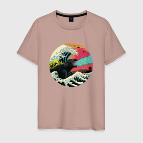 Мужская футболка хлопок с принтом Hokusai Kaiju в Тюмени, 100% хлопок | прямой крой, круглый вырез горловины, длина до линии бедер, слегка спущенное плечо. | 80е | godzilla | gojira | hokusai kaiju | годзилла | динозавр | япония