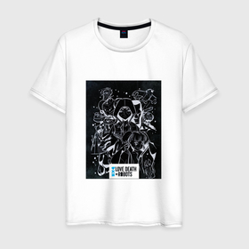 Мужская футболка хлопок с принтом Love Death  Robots (Collage) в Екатеринбурге, 100% хлопок | прямой крой, круглый вырез горловины, длина до линии бедер, слегка спущенное плечо. | death | love | netflex | robots | usa | боевик | сериалы | ужасы | финтастика