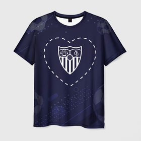 Мужская футболка 3D с принтом Лого Sevilla в сердечке на фоне мячей в Курске, 100% полиэфир | прямой крой, круглый вырез горловины, длина до линии бедер | 