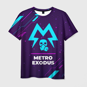 Мужская футболка 3D с принтом Символ Metro Exodus в неоновых цветах на темном фоне в Кировске, 100% полиэфир | прямой крой, круглый вырез горловины, длина до линии бедер | exodus | logo | metro | metro exodus | neon | игра | игры | лого | логотип | метро | неон | огонь | пламя | символ | эксодус