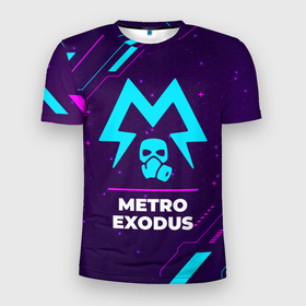 Мужская футболка 3D Slim с принтом Символ Metro Exodus в неоновых цветах на темном фоне в Тюмени, 100% полиэстер с улучшенными характеристиками | приталенный силуэт, круглая горловина, широкие плечи, сужается к линии бедра | exodus | logo | metro | metro exodus | neon | игра | игры | лого | логотип | метро | неон | огонь | пламя | символ | эксодус