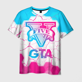 Мужская футболка 3D с принтом GTA Neon Gradient в Новосибирске, 100% полиэфир | прямой крой, круглый вырез горловины, длина до линии бедер | auto | grand | gta | logo | theft | градиент | гта | игра | игры | лого | логотип | неон | символ | соты