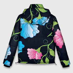Мужская зимняя куртка 3D с принтом Яркие удивительные цветы в летней ночи в Тюмени, верх — 100% полиэстер; подкладка — 100% полиэстер; утеплитель — 100% полиэстер | длина ниже бедра, свободный силуэт Оверсайз. Есть воротник-стойка, отстегивающийся капюшон и ветрозащитная планка. 

Боковые карманы с листочкой на кнопках и внутренний карман на молнии. | color | composition | fashion | flowers | leaves | neon | night | summer | композиция | лето | листья | мода | неон | ночь | цвет | цветы