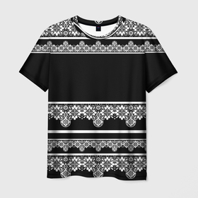 Мужская футболка 3D с принтом Белое кружево на черном фоне lace в Новосибирске, 100% полиэфир | прямой крой, круглый вырез горловины, длина до линии бедер | black background | lace | white lace | белое кружево | белый и черный | кружево | черный