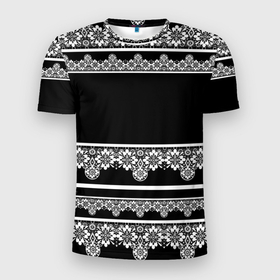 Мужская футболка 3D Slim с принтом Белое кружево на черном фоне lace в Новосибирске, 100% полиэстер с улучшенными характеристиками | приталенный силуэт, круглая горловина, широкие плечи, сужается к линии бедра | black background | lace | white lace | белое кружево | белый и черный | кружево | черный