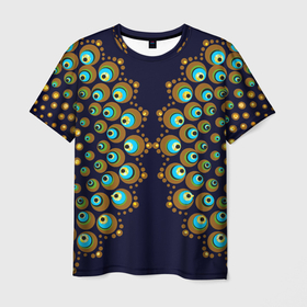 Мужская футболка 3D с принтом Мандала из павлиньих перьев в Екатеринбурге, 100% полиэфир | прямой крой, круглый вырез горловины, длина до линии бедер | геометрия | йога | круг | круги | круглый узор | медитация | павлин | павлиньи | перо | перья | симметрия | стмметричный | узоры | чакры