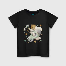 Детская футболка хлопок с принтом Львенок на ракете в Курске, 100% хлопок | круглый вырез горловины, полуприлегающий силуэт, длина до линии бедер | unique | для мальчиков | звезды | лев | львенок | облако | ракета