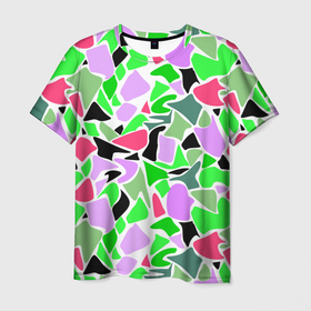 Мужская футболка 3D с принтом Abstract pattern green pink spots в Тюмени, 100% полиэфир | прямой крой, круглый вырез горловины, длина до линии бедер | abstract pattern | pattern | spots | абстрактный узор | зеленый | пятна | розовый