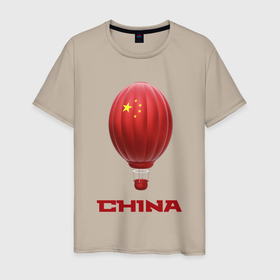 Мужская футболка хлопок с принтом 3d aerostat China в Санкт-Петербурге, 100% хлопок | прямой крой, круглый вырез горловины, длина до линии бедер, слегка спущенное плечо. | 3d | 3d aerostat | aerostat flag china | china flag | hot air ballon