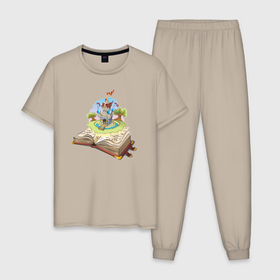Мужская пижама хлопок с принтом Книжный замок , 100% хлопок | брюки и футболка прямого кроя, без карманов, на брюках мягкая резинка на поясе и по низу штанин
 | замок | книга | остров | рисунок | фантастика