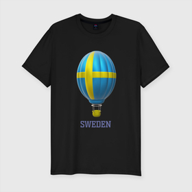 Мужская футболка хлопок Slim с принтом 3d aerostat Sweden flag в Новосибирске, 92% хлопок, 8% лайкра | приталенный силуэт, круглый вырез ворота, длина до линии бедра, короткий рукав | 3d | 3d aerostat | aerostat | air ballon | ballon | hot air ballon | sweden | sweden flag