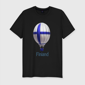 Мужская футболка хлопок Slim с принтом 3d aerostat Finland flag в Екатеринбурге, 92% хлопок, 8% лайкра | приталенный силуэт, круглый вырез ворота, длина до линии бедра, короткий рукав | 3d aerostat | 3d aerostat finland flag | air ballon | ballon | finland | finland flag | hot air ballon