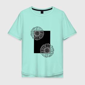 Мужская футболка хлопок Oversize с принтом Ромашки с черным прямоугольником в Петрозаводске, 100% хлопок | свободный крой, круглый ворот, “спинка” длиннее передней части | весна | геометрия | лето | линии | ромашки | силуэт | флора | цветы | черное