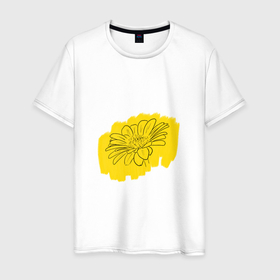 Мужская футболка хлопок с принтом гербера на желтом фоне в Новосибирске, 100% хлопок | прямой крой, круглый вырез горловины, длина до линии бедер, слегка спущенное плечо. | весна | гербера | желтый | лето | природа | ромашка | цветок