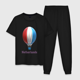 Мужская пижама хлопок с принтом 3d aerostat Netherlands flag в Курске, 100% хлопок | брюки и футболка прямого кроя, без карманов, на брюках мягкая резинка на поясе и по низу штанин
 | 3d aerostat | 3d aerostat netherlands flag | aerostat | air ballon | ballon | hot air ballon | netherlands | netherlands flag