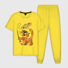 Мужская пижама хлопок с принтом Кот и золотая рыбка , 100% хлопок | брюки и футболка прямого кроя, без карманов, на брюках мягкая резинка на поясе и по низу штанин
 | cat | котенок | котики | коты | кошки