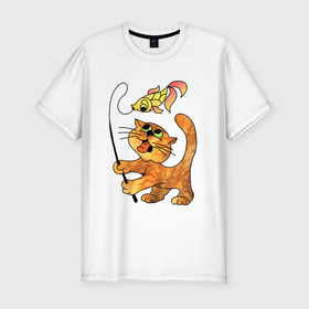 Мужская футболка хлопок Slim с принтом Кот и золотая рыбка в Белгороде, 92% хлопок, 8% лайкра | приталенный силуэт, круглый вырез ворота, длина до линии бедра, короткий рукав | cat | котенок | котики | коты | кошки