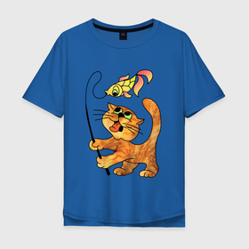 Мужская футболка хлопок Oversize с принтом Кот и золотая рыбка в Санкт-Петербурге, 100% хлопок | свободный крой, круглый ворот, “спинка” длиннее передней части | cat | котенок | котики | коты | кошки