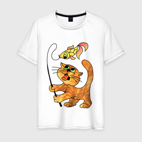 Мужская футболка хлопок с принтом Кот и золотая рыбка , 100% хлопок | прямой крой, круглый вырез горловины, длина до линии бедер, слегка спущенное плечо. | cat | котенок | котики | коты | кошки