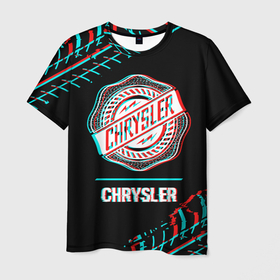 Мужская футболка 3D с принтом Значок Chrysler в стиле Glitch на темном фоне в Кировске, 100% полиэфир | прямой крой, круглый вырез горловины, длина до линии бедер | auto | brand | chrysler | glitch | logo | symbol | авто | бренд | глитч | значок | крайслер | краска | лого | символ