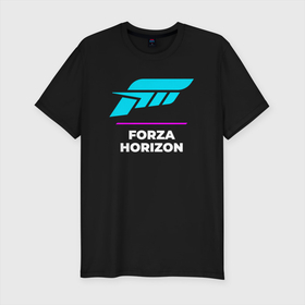 Мужская футболка хлопок Slim с принтом Символ Forza Horizon в неоновых цветах в Тюмени, 92% хлопок, 8% лайкра | приталенный силуэт, круглый вырез ворота, длина до линии бедра, короткий рукав | Тематика изображения на принте: forza | forza horizon | horizon | logo | neon | игра | игры | лого | логотип | неон | символ | форза | хорайзон