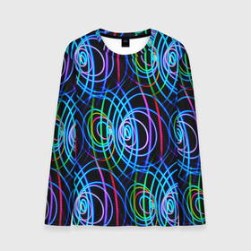 Мужской лонгслив 3D с принтом Неоновые круги и линии   Голубой , 100% полиэстер | длинные рукава, круглый вырез горловины, полуприлегающий силуэт | abstraction | art | artwork | circles | colorful | colors | graphics | lines | neon | patterns | surrealism | waves | абстракция | арт | волны | графика | искусство | круги | линии | неон | разноцветный | сюрреализм | узоры | цвета