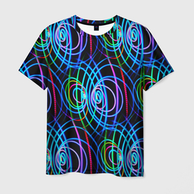Мужская футболка 3D с принтом Неоновые круги и линии   Голубой в Тюмени, 100% полиэфир | прямой крой, круглый вырез горловины, длина до линии бедер | abstraction | art | artwork | circles | colorful | colors | graphics | lines | neon | patterns | surrealism | waves | абстракция | арт | волны | графика | искусство | круги | линии | неон | разноцветный | сюрреализм | узоры | цвета