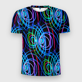 Мужская футболка 3D Slim с принтом Неоновые круги и линии   Голубой , 100% полиэстер с улучшенными характеристиками | приталенный силуэт, круглая горловина, широкие плечи, сужается к линии бедра | abstraction | art | artwork | circles | colorful | colors | graphics | lines | neon | patterns | surrealism | waves | абстракция | арт | волны | графика | искусство | круги | линии | неон | разноцветный | сюрреализм | узоры | цвета