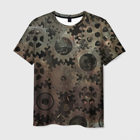 Мужская футболка 3D с принтом Механистический паттерн из шестерёнок в стиле Стимпанк , 100% полиэфир | прямой крой, круглый вырез горловины, длина до линии бедер | gears | metal | pattern | steampunk | texture | металл | паттерн | стимпанк | текстура | шестерёнки