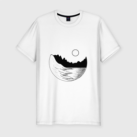 Мужская футболка хлопок Slim с принтом Закат в минимализме в Санкт-Петербурге, 92% хлопок, 8% лайкра | приталенный силуэт, круглый вырез ворота, длина до линии бедра, короткий рукав | горы | графика | закат | минимализм | море | пейзаж | чб