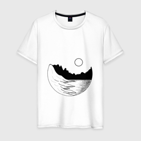 Мужская футболка хлопок с принтом Закат в минимализме в Екатеринбурге, 100% хлопок | прямой крой, круглый вырез горловины, длина до линии бедер, слегка спущенное плечо. | горы | графика | закат | минимализм | море | пейзаж | чб