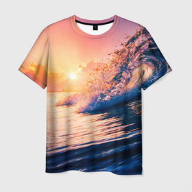 Мужская футболка 3D с принтом Ocean element в Новосибирске, 100% полиэфир | прямой крой, круглый вырез горловины, длина до линии бедер | волны | закат | море | океан | солнце