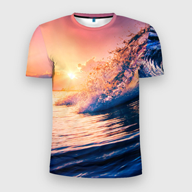 Мужская футболка 3D Slim с принтом Ocean element в Новосибирске, 100% полиэстер с улучшенными характеристиками | приталенный силуэт, круглая горловина, широкие плечи, сужается к линии бедра | волны | закат | море | океан | солнце
