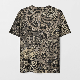 Мужская футболка 3D с принтом Ажурный узор из металлических шестерёнок в стиле Стимпанк в Тюмени, 100% полиэфир | прямой крой, круглый вырез горловины, длина до линии бедер | gears | metal | pattern | steampunk | texture | металл | стимпанк | текстура | узор | шестерёнки