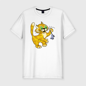 Мужская футболка хлопок Slim с принтом Кошкина мышка в Белгороде, 92% хлопок, 8% лайкра | приталенный силуэт, круглый вырез ворота, длина до линии бедра, короткий рукав | Тематика изображения на принте: cat | котенок | котики | коты | кошки