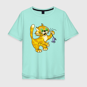 Мужская футболка хлопок Oversize с принтом Кошкина мышка в Белгороде, 100% хлопок | свободный крой, круглый ворот, “спинка” длиннее передней части | Тематика изображения на принте: cat | котенок | котики | коты | кошки