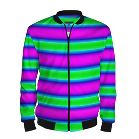 Мужской бомбер 3D с принтом Зеленый и фиолетовые яркие неоновые полосы striped pattern , 100% полиэстер | застегивается на молнию, по бокам два кармана без застежек, по низу бомбера и на воротнике - эластичная резинка | modern | neon | striped pattern | горизонтальные полоы | зеленые полосы | полосатый узор | фиолетовые полосы