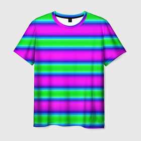 Мужская футболка 3D с принтом Зеленый и фиолетовые яркие неоновые полосы striped pattern в Белгороде, 100% полиэфир | прямой крой, круглый вырез горловины, длина до линии бедер | modern | neon | striped pattern | горизонтальные полоы | зеленые полосы | полосатый узор | фиолетовые полосы