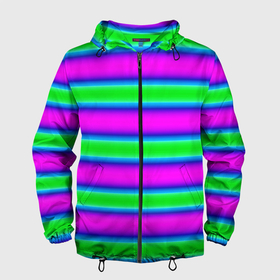 Мужская ветровка 3D с принтом Зеленый и фиолетовые яркие неоновые полосы striped pattern в Курске, 100% полиэстер | подол и капюшон оформлены резинкой с фиксаторами, два кармана без застежек по бокам, один потайной карман на груди | modern | neon | striped pattern | горизонтальные полоы | зеленые полосы | полосатый узор | фиолетовые полосы