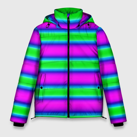 Мужская зимняя куртка 3D с принтом Зеленый и фиолетовые яркие неоновые полосы striped pattern , верх — 100% полиэстер; подкладка — 100% полиэстер; утеплитель — 100% полиэстер | длина ниже бедра, свободный силуэт Оверсайз. Есть воротник-стойка, отстегивающийся капюшон и ветрозащитная планка. 

Боковые карманы с листочкой на кнопках и внутренний карман на молнии. | Тематика изображения на принте: modern | neon | striped pattern | горизонтальные полоы | зеленые полосы | полосатый узор | фиолетовые полосы