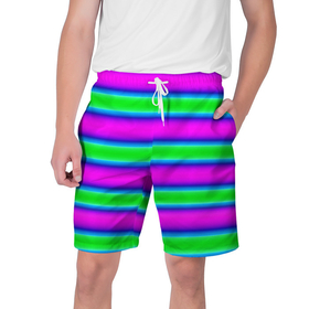Мужские шорты 3D с принтом Зеленый и фиолетовые яркие неоновые полосы striped pattern ,  полиэстер 100% | прямой крой, два кармана без застежек по бокам. Мягкая трикотажная резинка на поясе, внутри которой широкие завязки. Длина чуть выше колен | modern | neon | striped pattern | горизонтальные полоы | зеленые полосы | полосатый узор | фиолетовые полосы